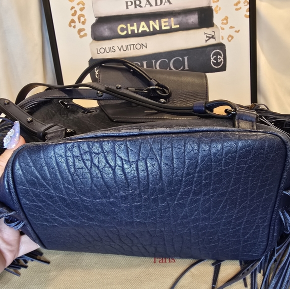 Christian Louboutin Lucky L Bucket Navy Blue Fringe Shoulder Bag And Backpack - Picture 13 of 17